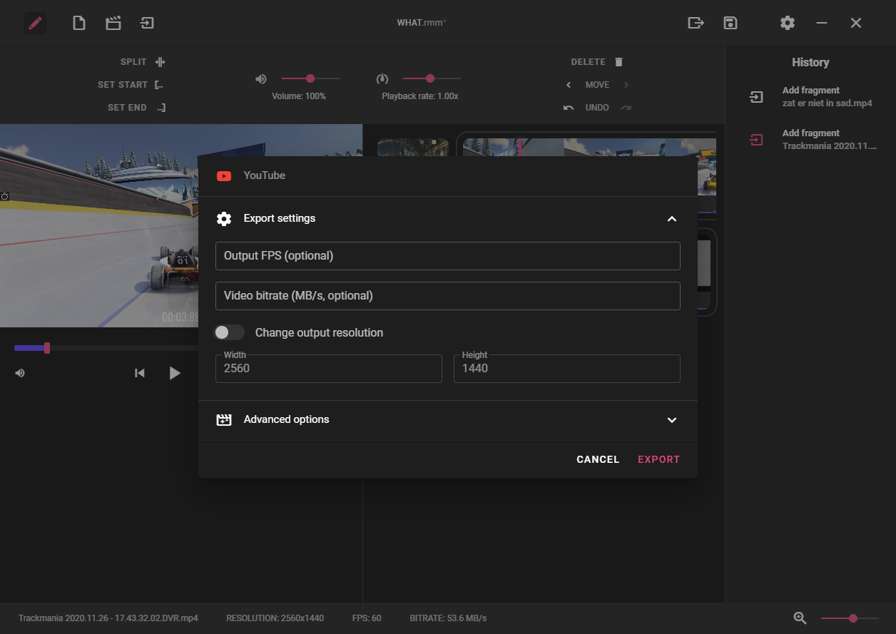 Export settings screenshot